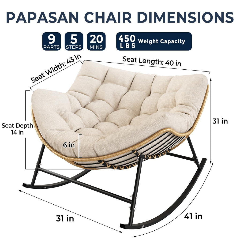 Outdoor Papasan Rocking Chair with Thick Cushion, Cream