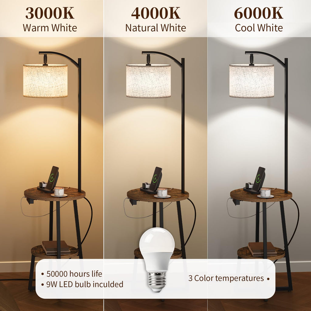 Floor Lamp with Table - Farmhouse Night Stand with Charging Station