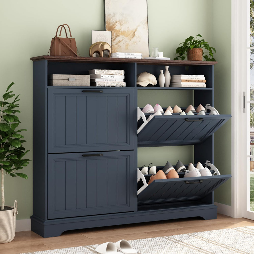 Shoe Storage Cabinet with 4 Flip Drawers, Farmhouse Modern Hidden Shoes Rack Cabinet with Adjustable Shelves & Open