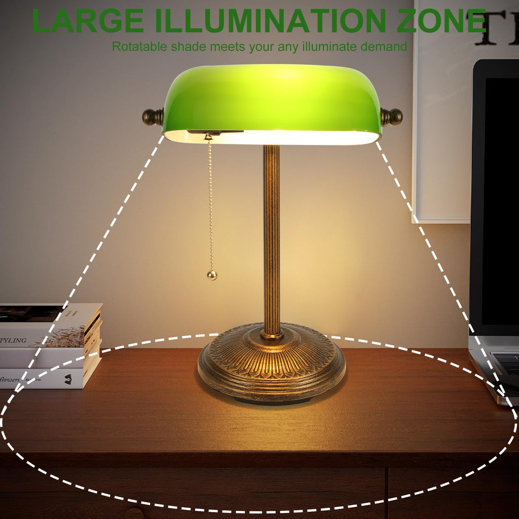 Bankers Desk Lamp, Green Glass Shade, Vintage Desk Lamp with Pull Chain Switch, Retro Table Lamps (Retro Gold+Green