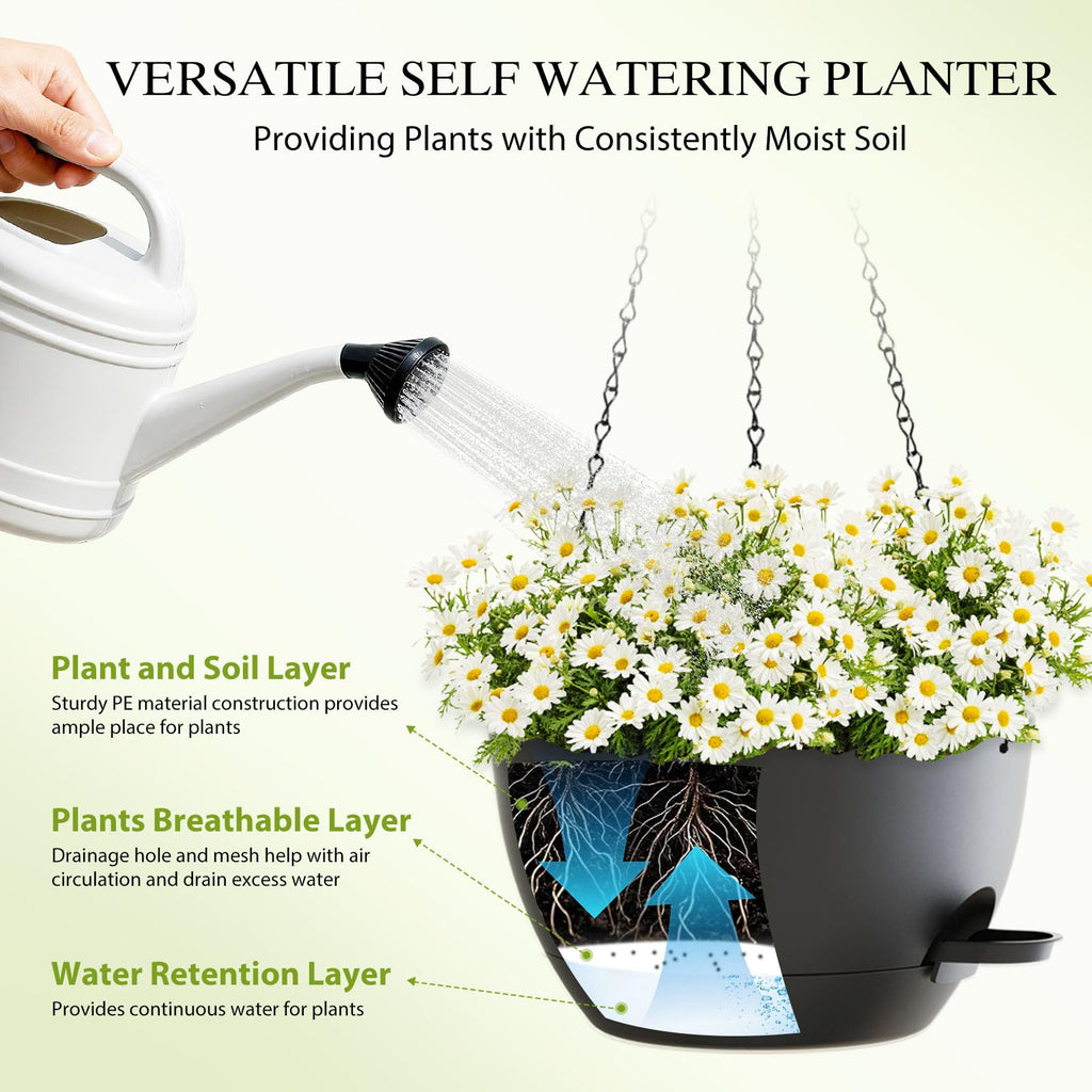 12 Inch Hanging Baskets 2 PC with Chains, Self-Watering Hanging Planters for Indoor Outdoor Plants, Plastic Hanging