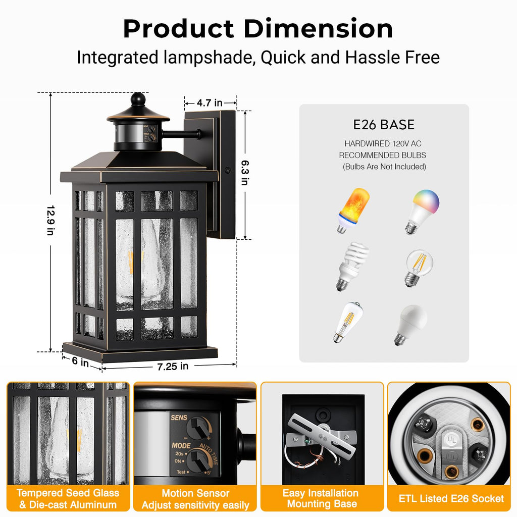 Outdoor Lights, Black Motion Sensor Outdoor Light with Gold Trim