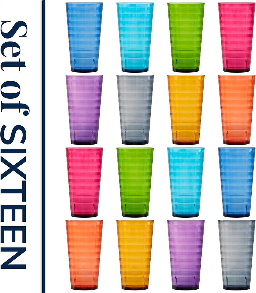 Splash [Set of 16] 18 ounce Plastic Stackable Water Tumblers in Jewel Tone Colors Value Set of Drinking Cups