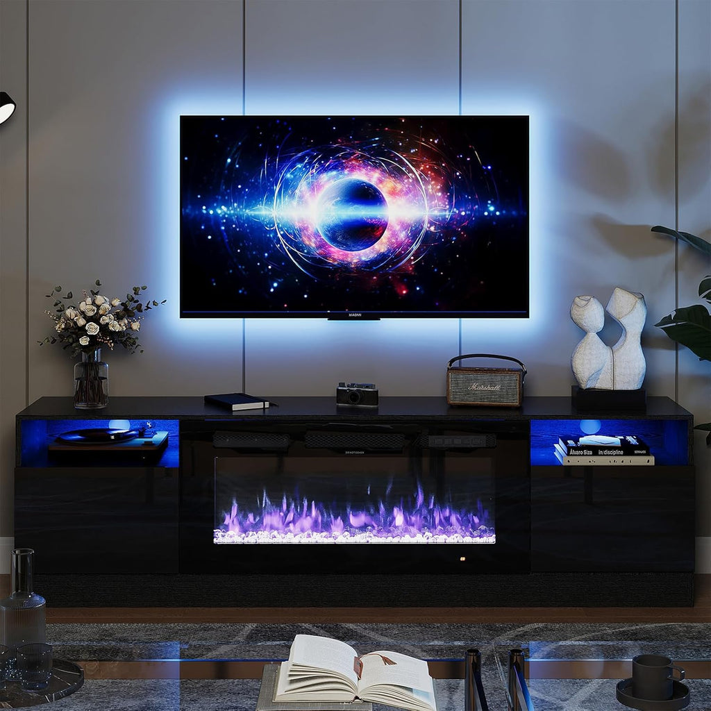 Fireplace TV Stand with 36" Electric Fireplace, LED Light Entertainment Center, Modern Wood Texture Entertainment Stand with Highlight Storage Cabinet for TVs Up to 80", 70 inches, Black A132-B0BFXHCQ17