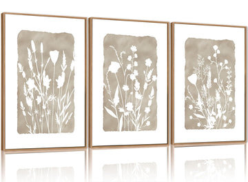 Neutral Botanical Canvas Wall Art Set 3, Minimalist Boho Wildflowr Framed Prints, Beige Floral Paintings, 24x36In