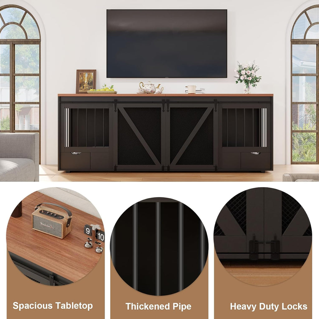 94.5" Dog Crate Furniture with Feeding Drawer for Large Dogs, Black