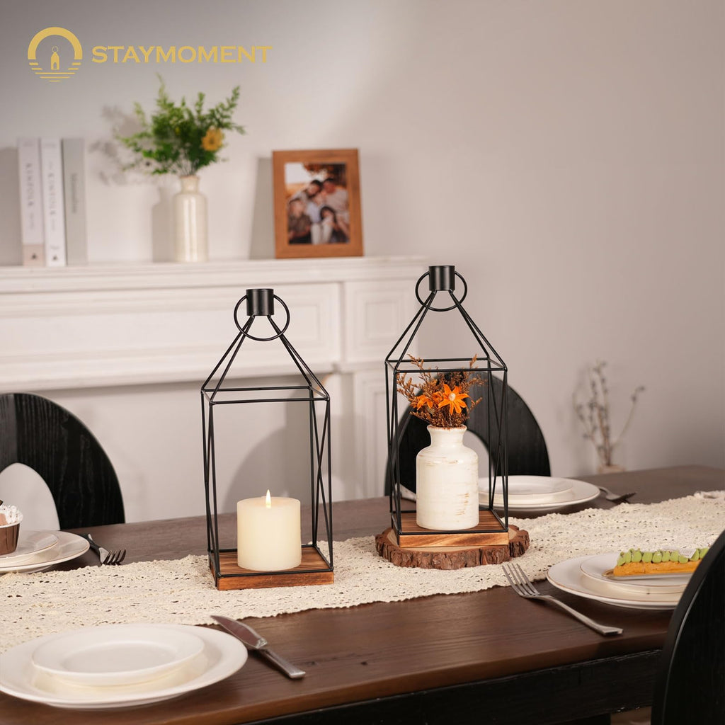 Wood Wall Candle Sconce with Black Lantern, Set of 2 Home Decor