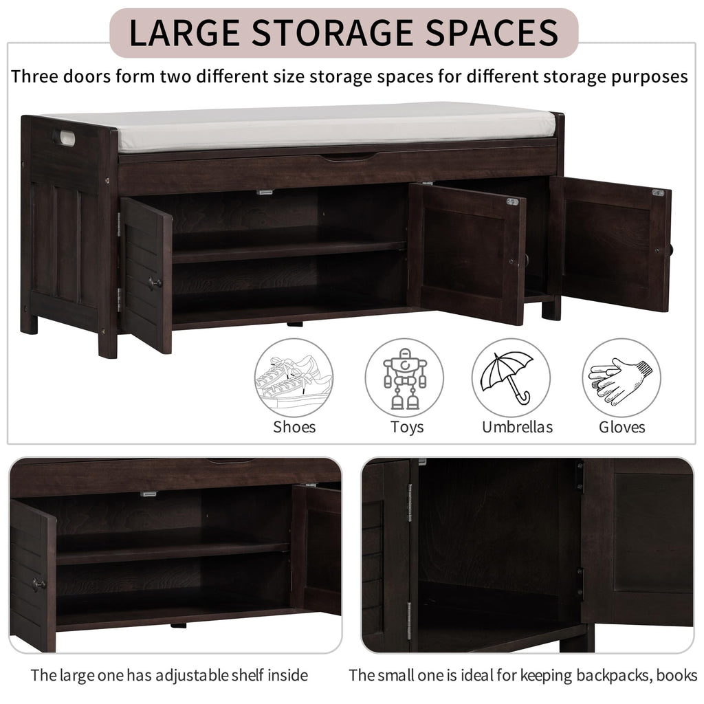 Farmhouse Solid WOD Entryway Bench with Seat Cushion Multifunctional Shoe Storage Cabinets Living Room Bedroom