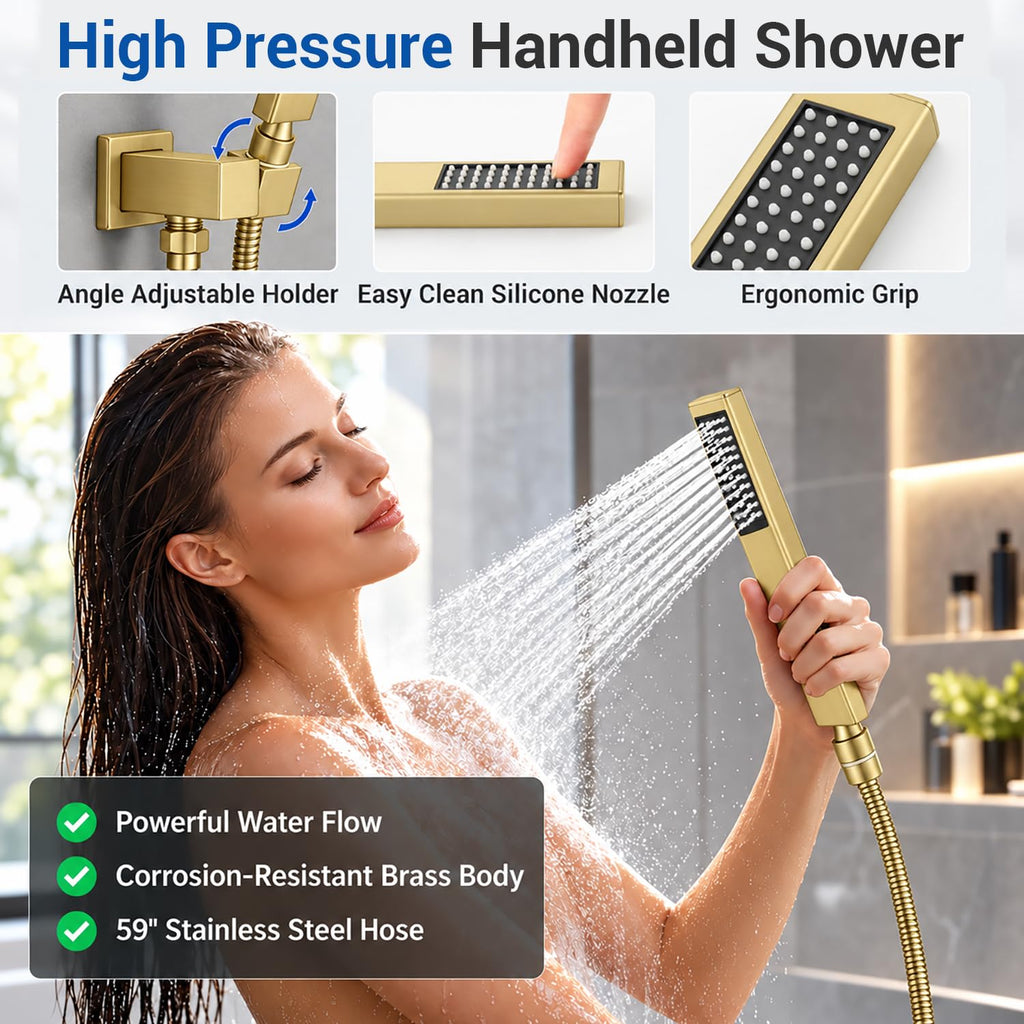 Thermostatic Shower System, Waterfall Shower Head(Brushed Gold)