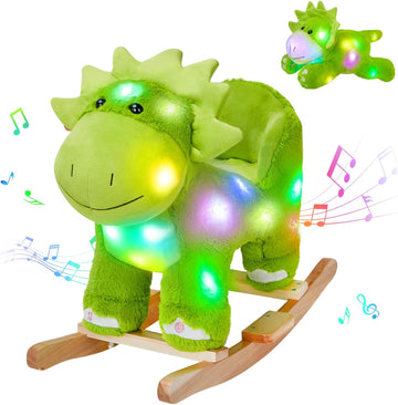 Light up Music Dinosaur Rocking Horse Stuffed Animal Set of 2 with Glowing Singing Dinosaur Plush Toy Wooden Chair