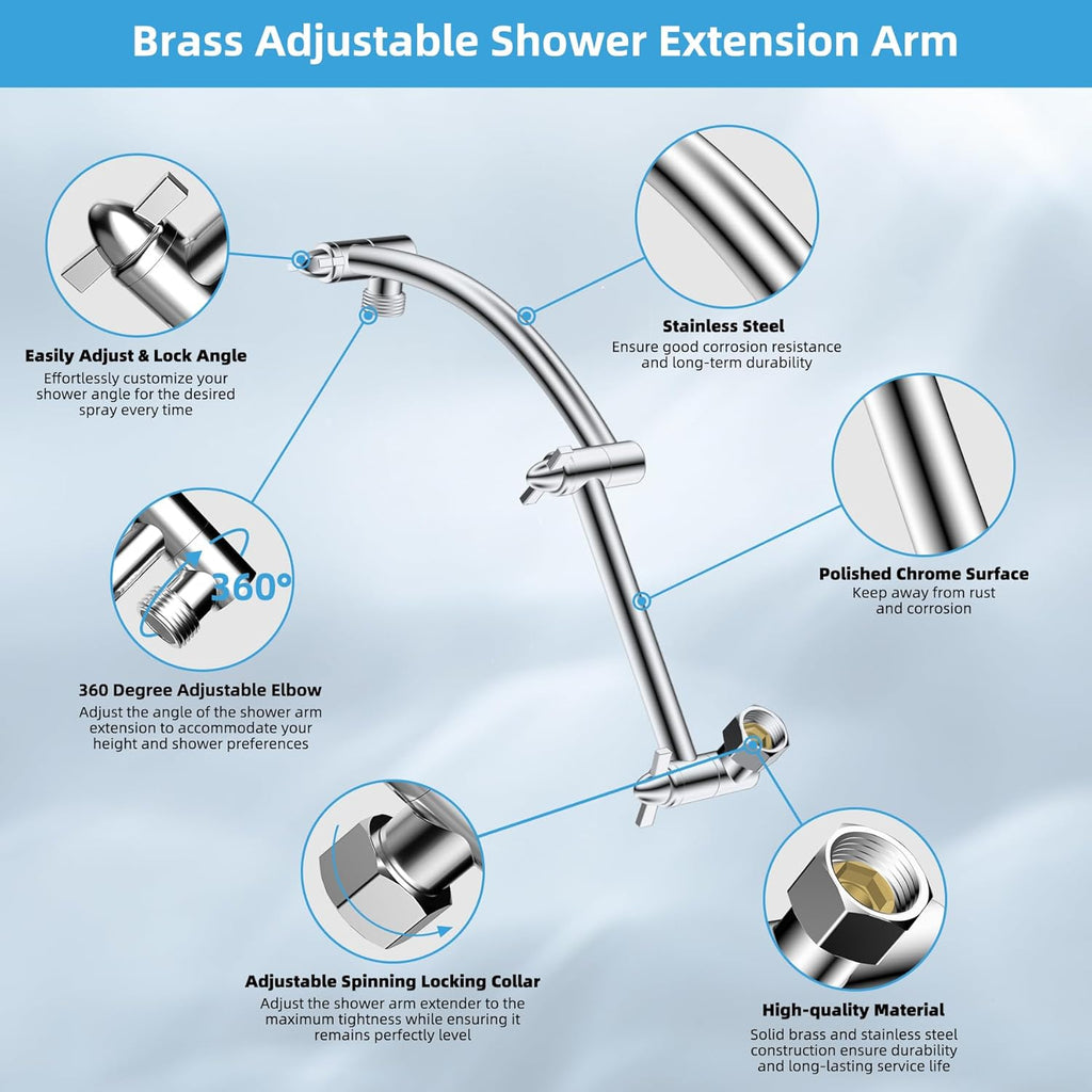 All Metal cUPC Certified Rain Shower Head, 10'' High Pressure Rainfall Showerhead with 16" Shower Head Extension Arm