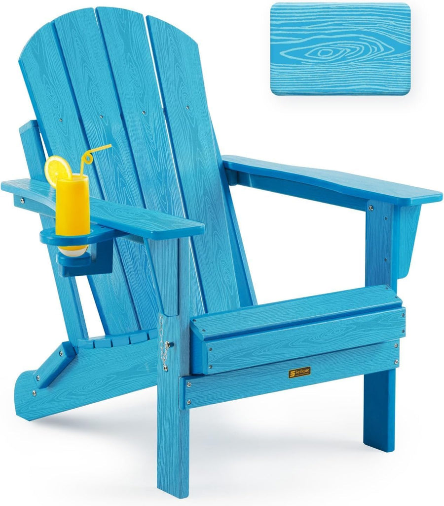 Folding Adirondack Chair Wood Texture, Patio Chairs Weather Resistant, Outdoor Chair, Lawn Chair with Cup Holder