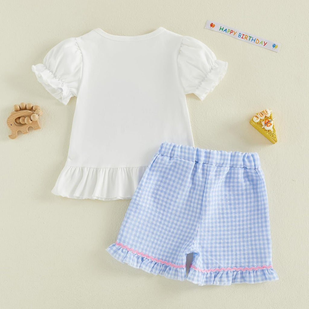 Girl Birthday Outfit Birthday Girl Animal Embroidery T-shirt Ruffle Plaid Shorts Cake Smash Outfit 1