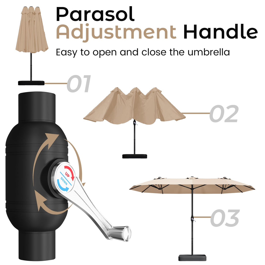 15ft Patio Umbrella with Base, Large Double-Sided Rectangular Umbrella, Beige