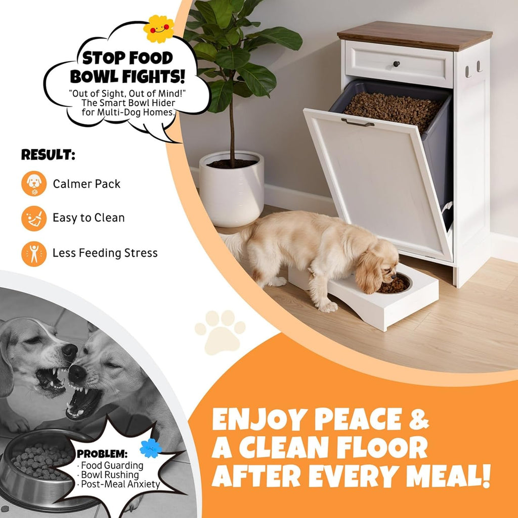 Tilt Out Trash Can Cabinet with Dog Bowl, 10 Gallons Dog Feeding Station with Storage Cabinet, Pet Food Cabinet