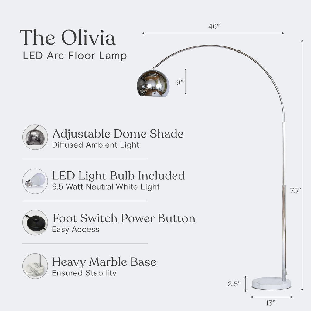 Olivia Floor Lamp - Chic Arc Lamp with Rounded Spolight Head and Marble Base, Tall Standing Lamp with LED Light Bulb