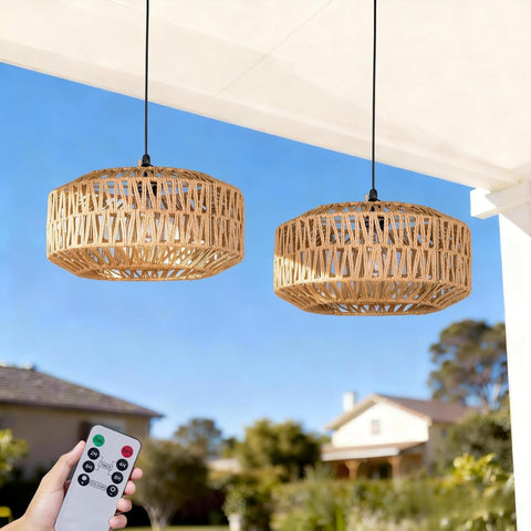 13" Battery Operated Outdoor Chandelier, Battery Power Hanging Pendant Lights, Woven Rattan Gazebo Light Outdoor Waterproof, for Gazebo, Pergola, Porch, Indoor Outdoor Decor Lighting
