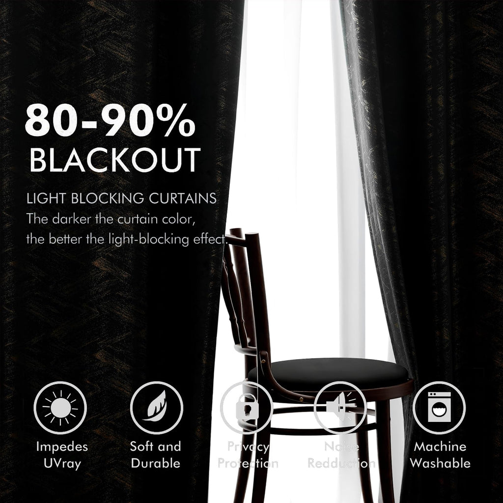 Black and Gold Velvet Curtains Foil Print 84 Inch