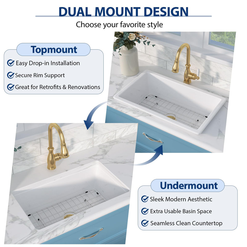 30 Inch Undermount or Drop In Fireclay Kitchen Sink White 30"x18"