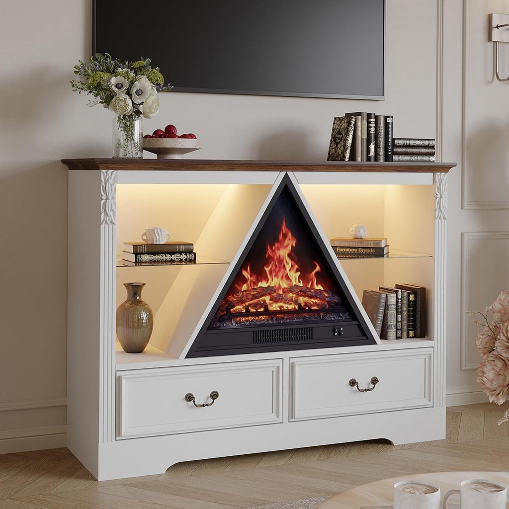 91" Electric Fireplace TV Stand with Mantel, Antique White Entertainment Center with Carving Holds TV up to 100 Inch