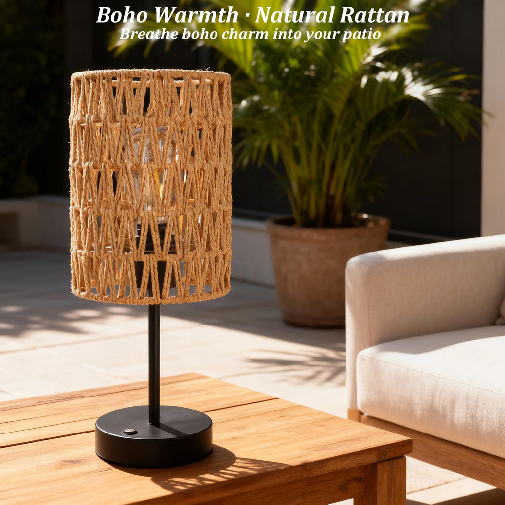 Rechargeable Outdoor Table Lamps, Rattan Boho Cordless Battery Operated Table Lamps, Patio Lamp, Balcony, Bedside