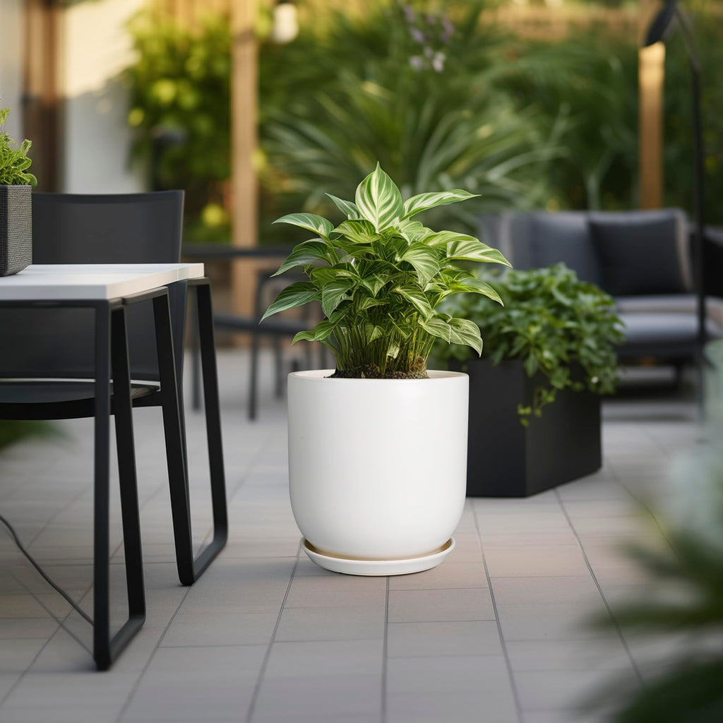 Plant Pot 12 inch - Ceramic Pot for Plants Indoor Outdoor Large Planter Pot with Drainage Hole and Saucer Mid-Century