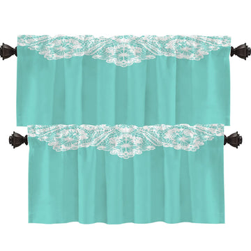 Robin's Egg Blue Turquoise Blackout Short Curtains for Windows, White Floral Lace Pattern Kitchen Valance Thermal