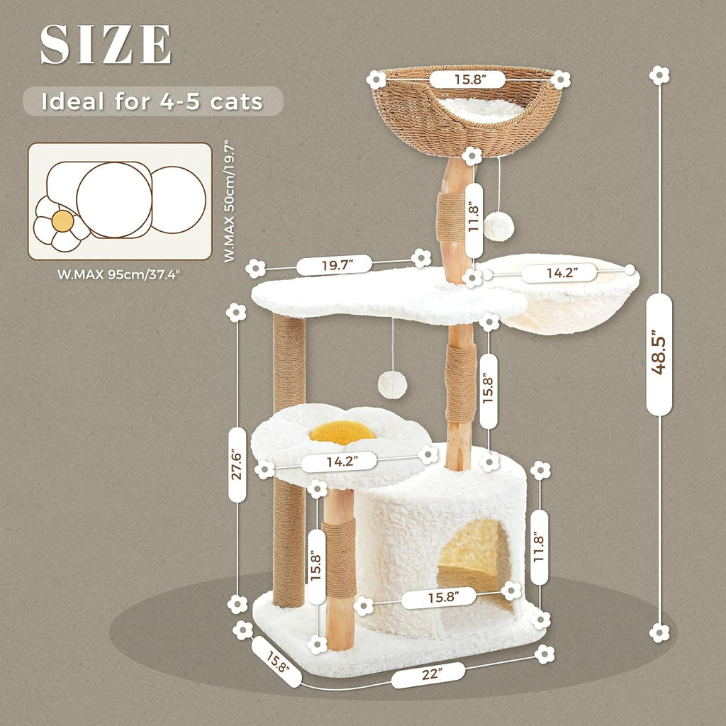 Boho Cat Tree for Large Cats, 48.5" Flower Cat Tower, White