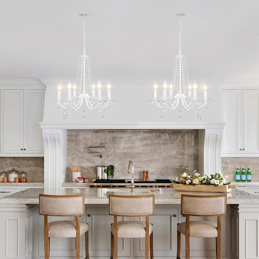 White Crystal Chandelier Plug-in Hanging Light, 6-Light with 15 ft Clear Cord