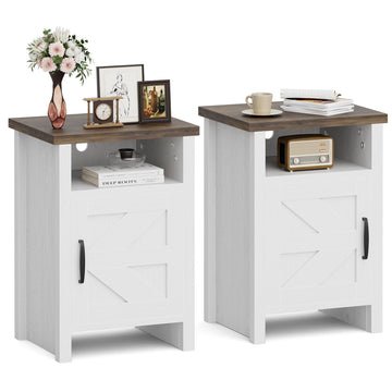 Farmhouse Nightstand with Barn Door, Rustic Brown & White