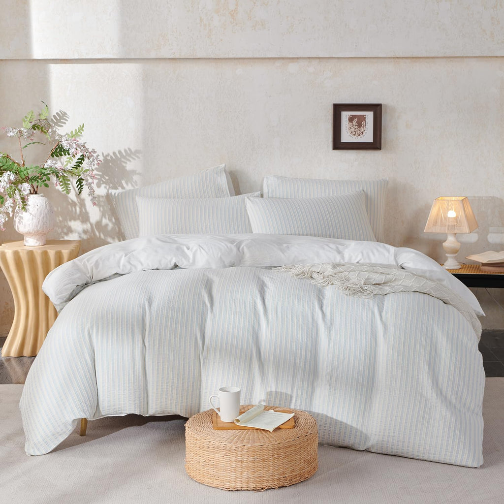 Comforter Set Light Blue Striped Soft Luxury Washed Cotton Jacquard 3 Pieces Bedding, Light Blue Vertical