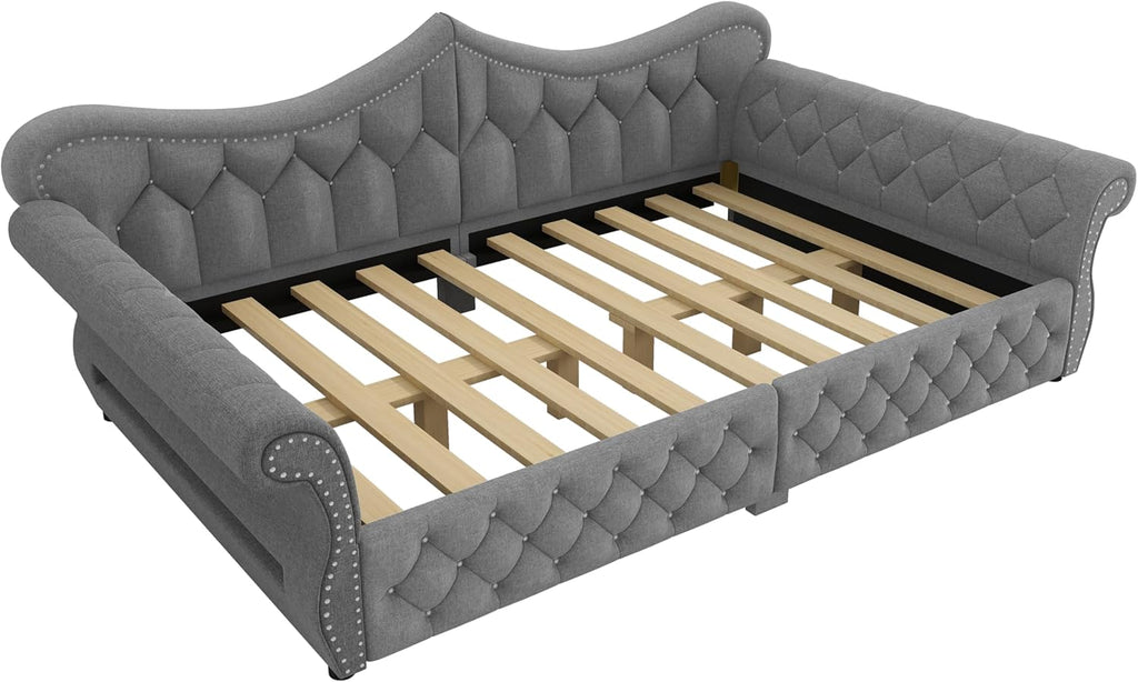 Queen Size Upholstered Daybed with LED Lights, Convertible Sofa Bed with Nailhead Trim, Tufted Design, Wooden Frame