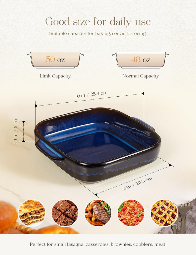 8x8 Baking Pan Ceramic Square Baking Dish with Handle for Brownie 48oz Blue