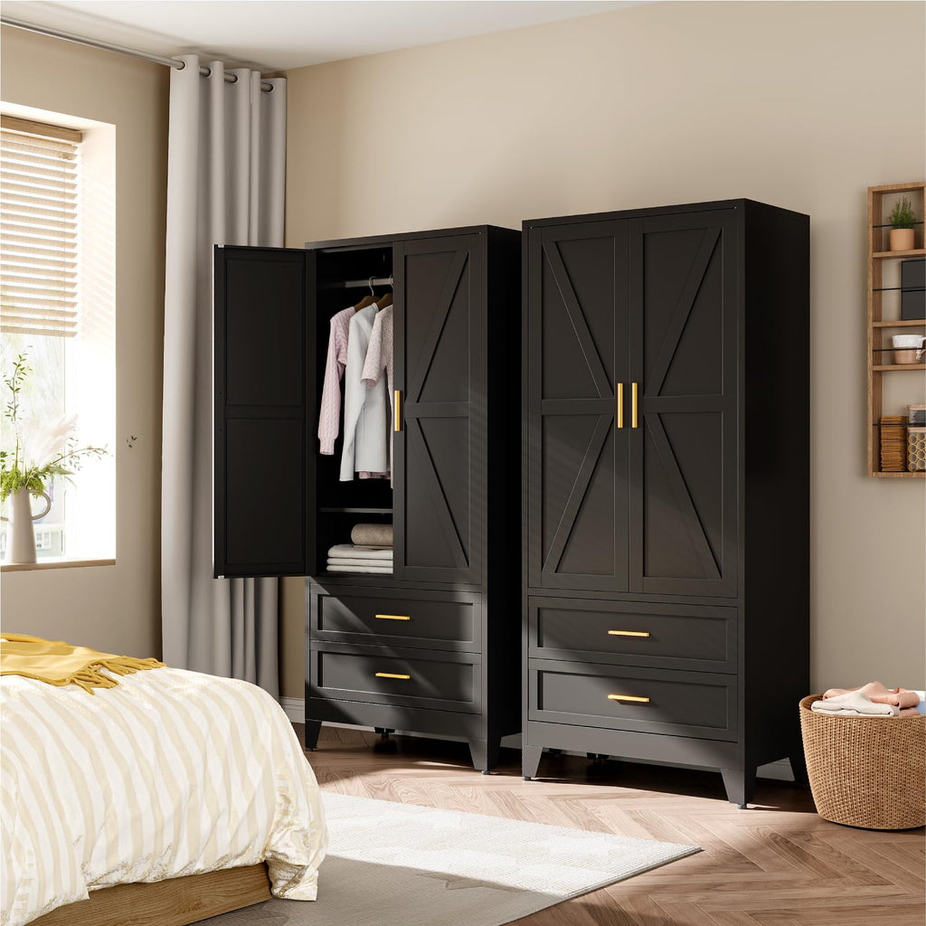71" Metal Armoire Wardrobe Closet with Hanging Rod, Black-X 2 Drawers