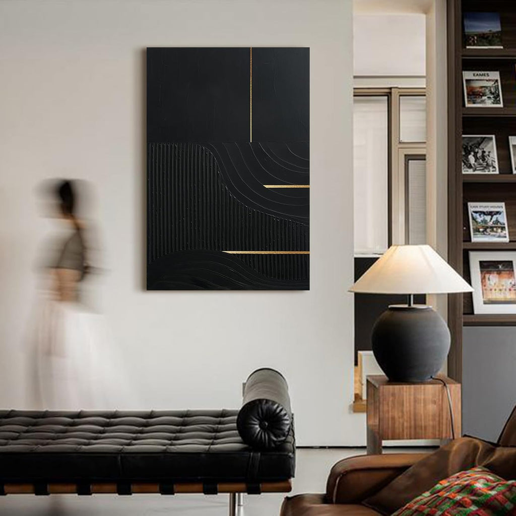 Hand-Painted Black & Gold Abstract Wall Art, Modern Textured Oil Painting | Original Vertical Canvas Artwork Bedroom