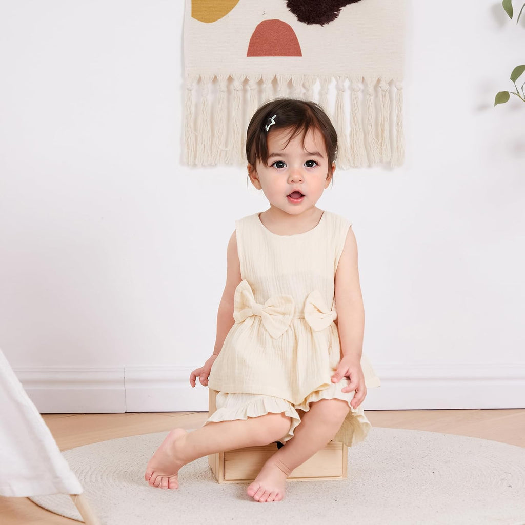 Toddler Girl Summer Outfits Solid Linen Outfit Two Bows Front Ruffle Tank Tops Shirts Shorts Cute Baby Girl Clothes