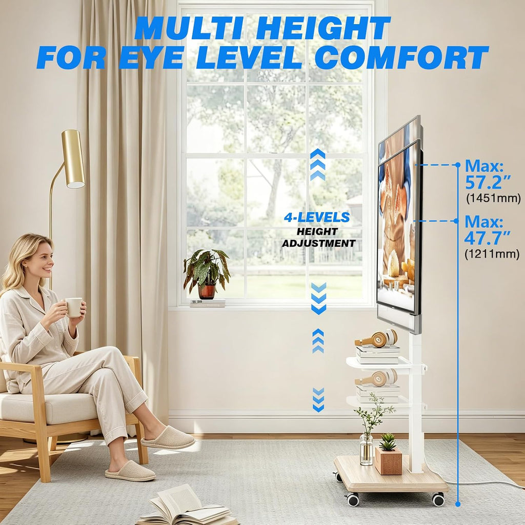 Mobile TV Stand 32-75 Inch with Power Outlet and Shelf, Rolling TV Stand Holds up to 110 lbs, Portable TV Stand on