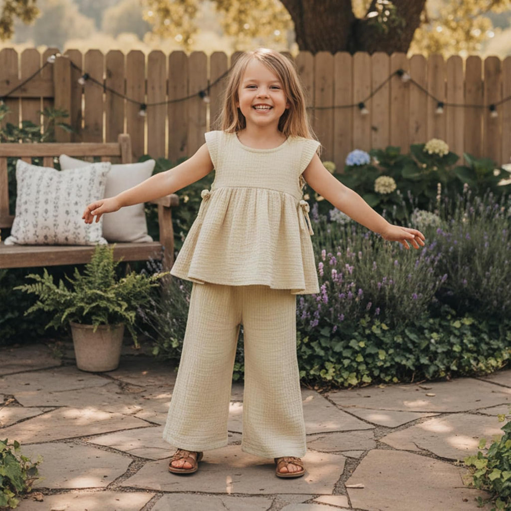 Baby Girl Summer Clothes Outfit Cotton Linen Sleeveless Ruffle Shirt and Wide Leg Pants Toddler Girls Clothes Set