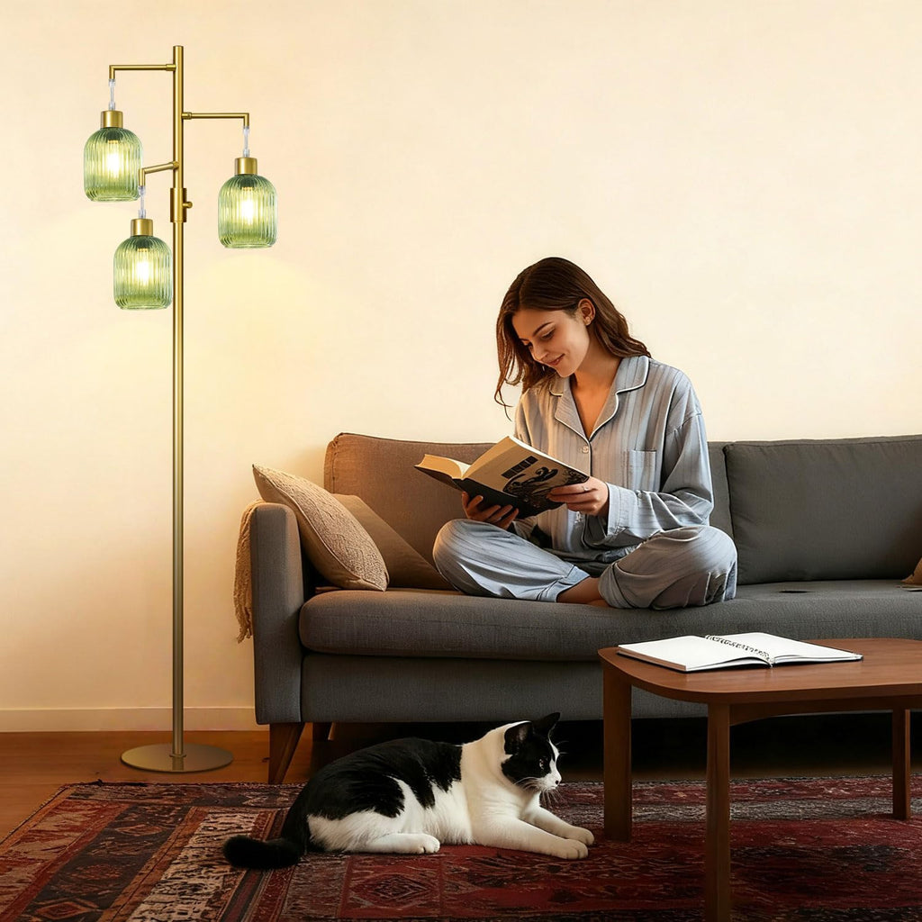 Modern Floor Lamps, Glass Standing Lamp with Green Shade, Dimmable Ribbed Glass 3 Lights Floor Lamps, Mid Century