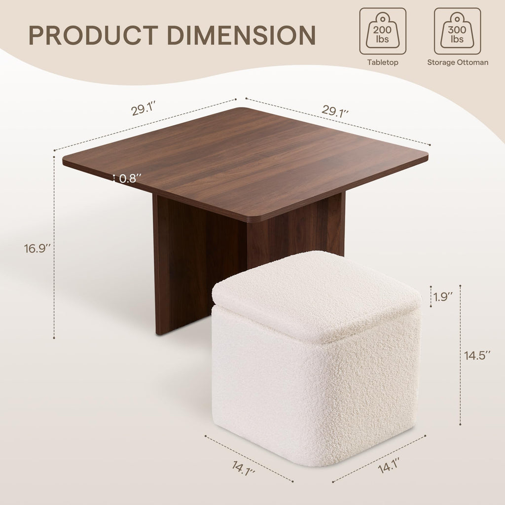 Square Coffee Table with Storage Ottomans, Beige