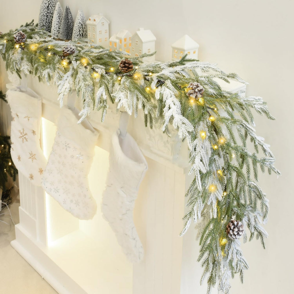 9 FT Flocked Norfolk Pine Garland Christmas Garland with Lights