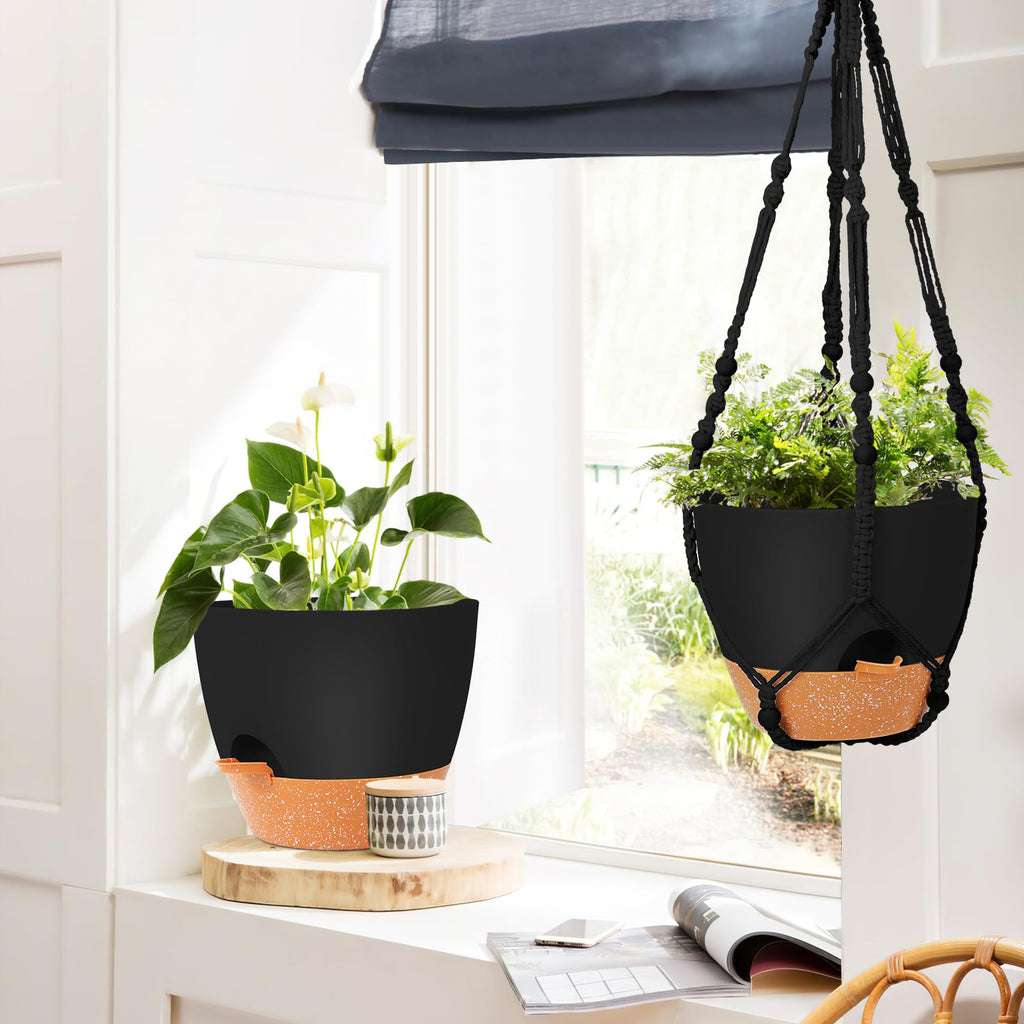 10 Inch Hanging Planters with Macrame Plant Hanger for Indoor and Outdoor Plants, 2 Pack Large Self Watering Hanging