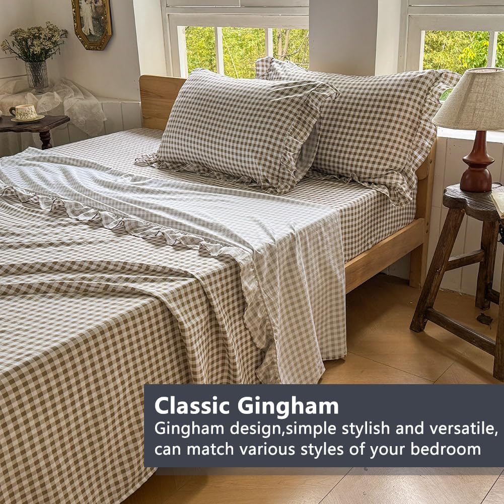 Tan Gingham Ruffle King Sheet Set, Taupe Soft Pre-Washed Microfiber Plaid King Bed Sheets, 4-Pieces Farmhouse Sheet
