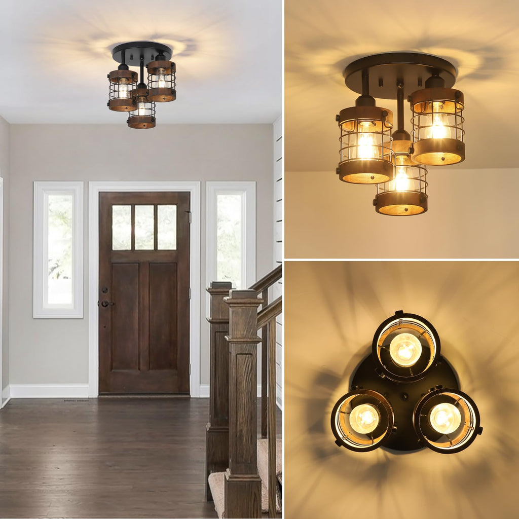 Semi Flush Mount Ceiling Light, 3-Light Farmhouse Chandelier Light Fixtures Ceiling Mount, Black Hallway Light