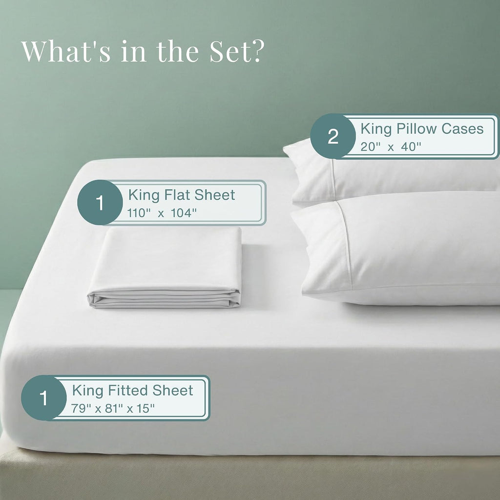 100% Egyptian Cotton Sheets King Sheets Set with Fully Elasticated 15" Deep Fitted Sheet & Pillowcase Sets, 800TC