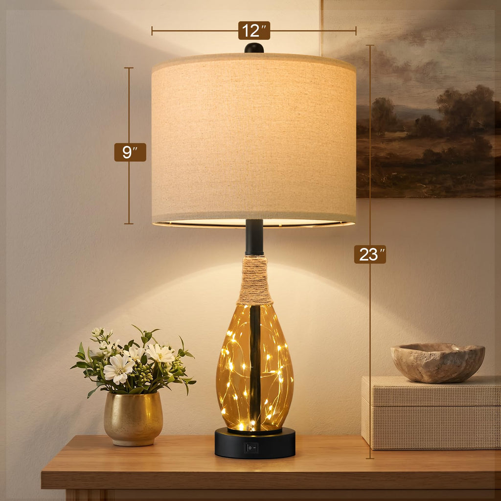 23" Table Lamps Set of 2 Bedside Lamps for Night Stands Bedroom Lamps Farmhouse Rattan Boho Lamp Glass Nightlight End
