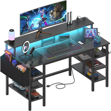 Gaming Desk with LED Lights and Storage Shelves, 47 inch Computer Desk with Power Outlets, Home Office Desk with
