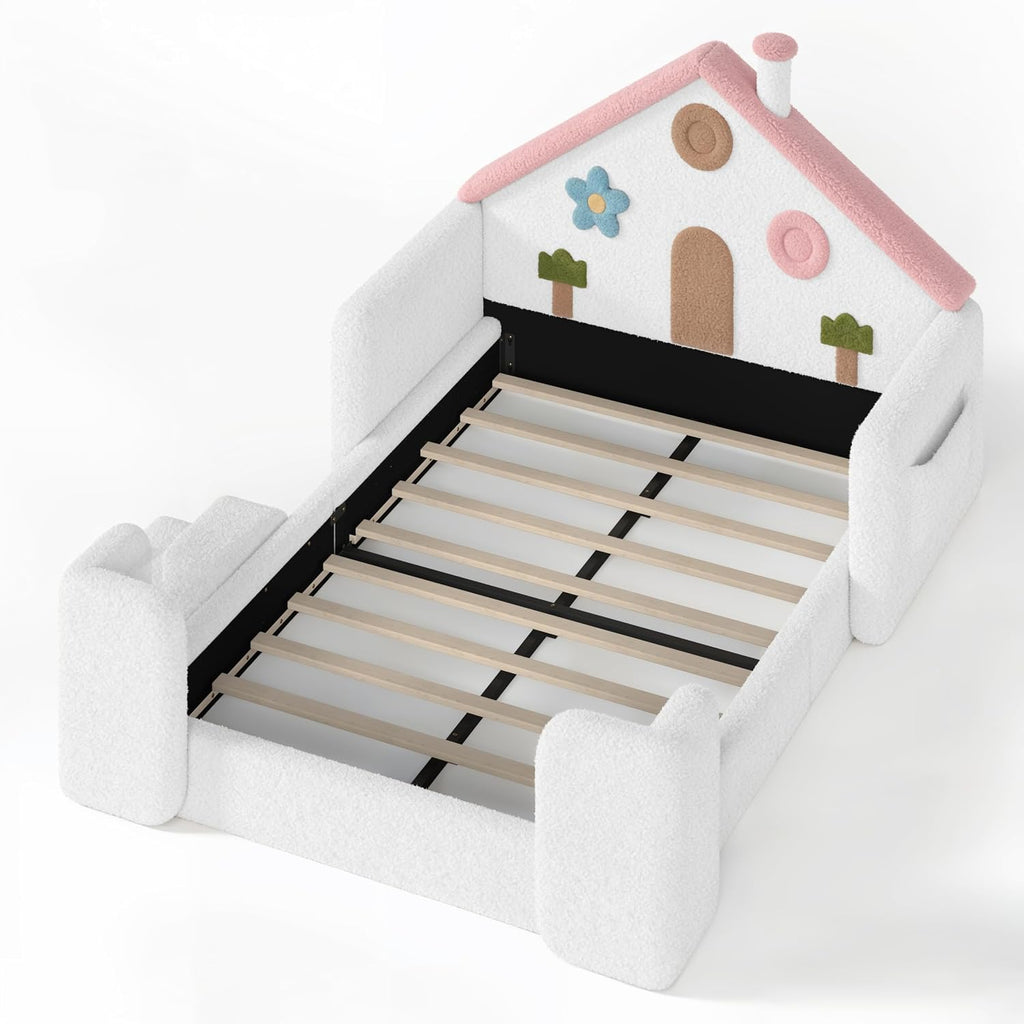 Upholstered Floor Bed Frame with Side Pocket & Stairs, White Pink