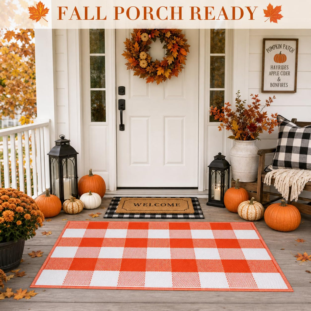 3 x 5 Ft Orange Buffalo Plaid Outdoor Rug Waterproof Reversible Mat