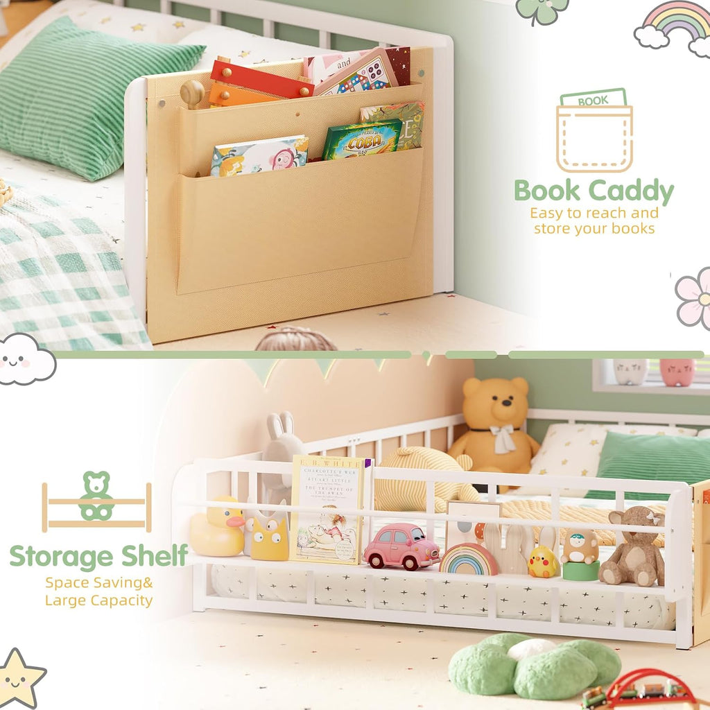 Floor Bed for Kids with Safety Guardrails, Montessori Bed White